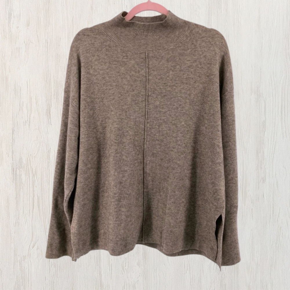 Magaschoni Women L Taupe Brown Mock Neck Center Seam Boxy Knit Sweater Tunic